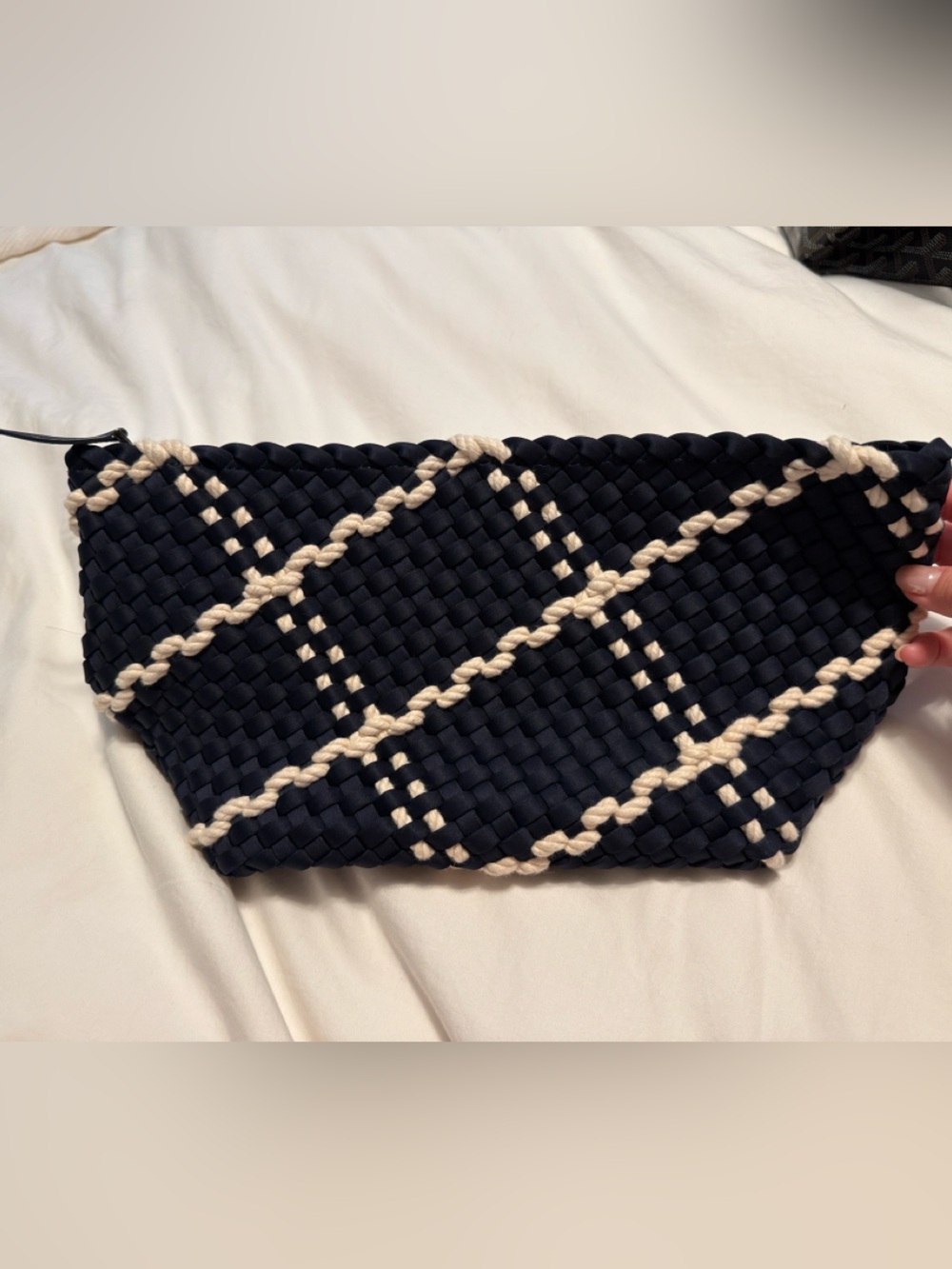 Naghedi Navy and Cream Woven Plaid Clutch